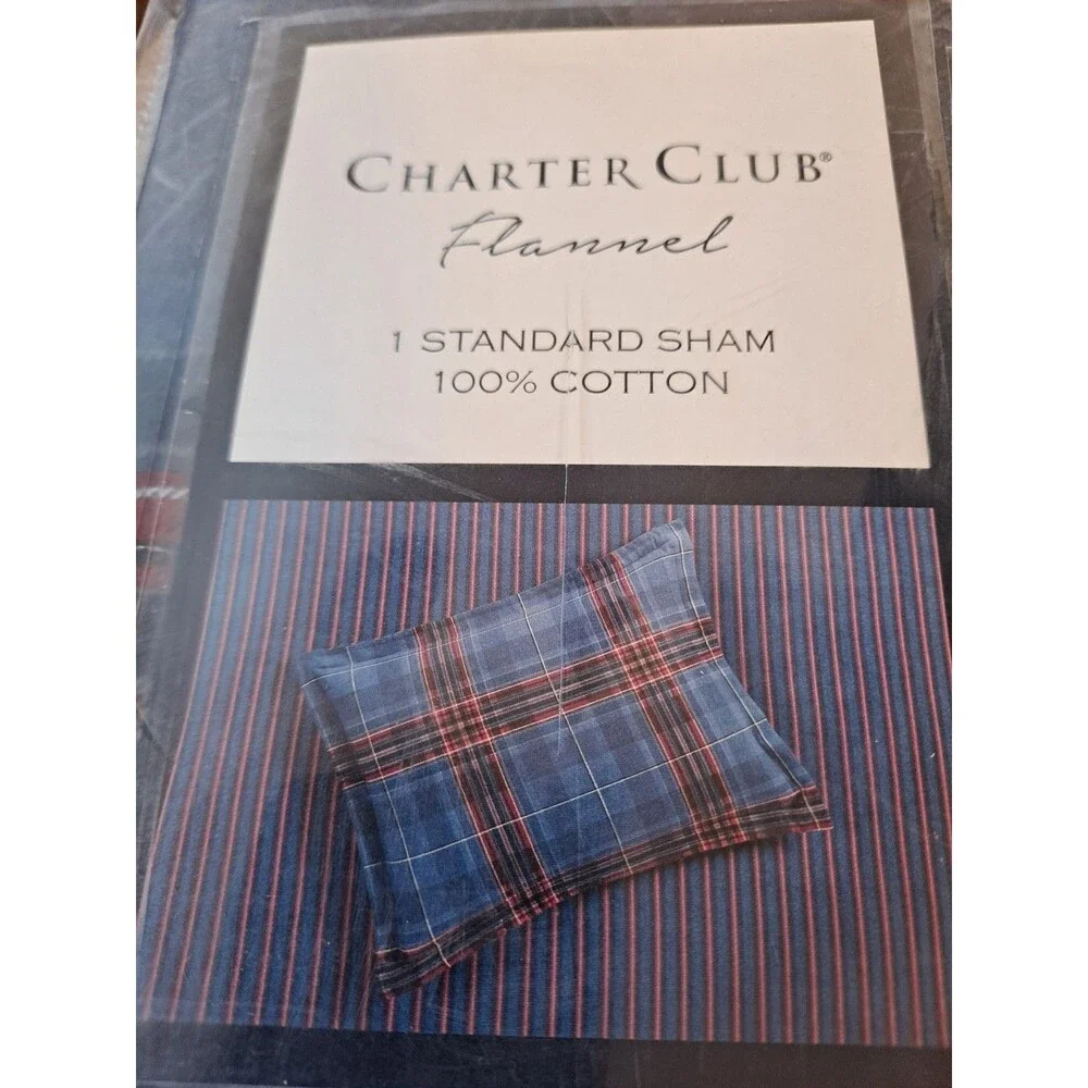 Charter Club Navy Plaid Flannel 100% Cotton Shams Pillow Sz 20